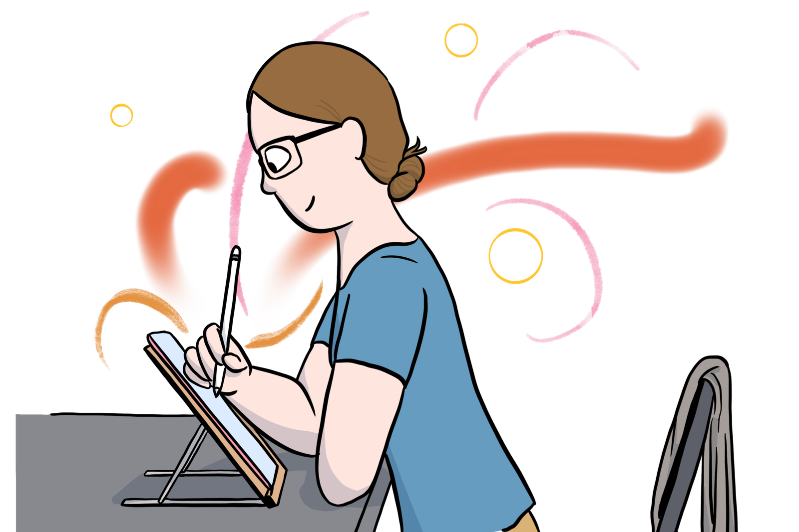 A digital illustration of the artist at work. (With some colorful, whimsical lines in the background.)